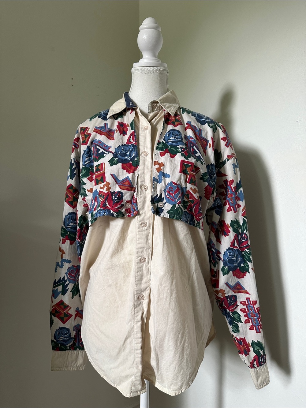 ADOBE ROSE Vintage 100% Cotton Cream Retro Floral Western Button Down Medium